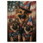 Patriotic German Shepherd Mom and Puppies Dressed in USA Outfits with Flag Background on Ready to Hang 1.5" Thick Canvas Wrap, Floating Framed Canvas, Flat Rolled Canvas
